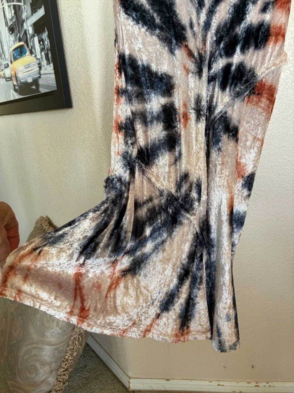 FREE PEOPLE velour fishtail Midi Skirt, Tye-dye, Cream with Navy & Rust XS